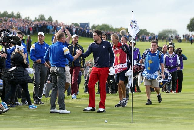 Jamie Donaldson and Keegan Bradley shake hands