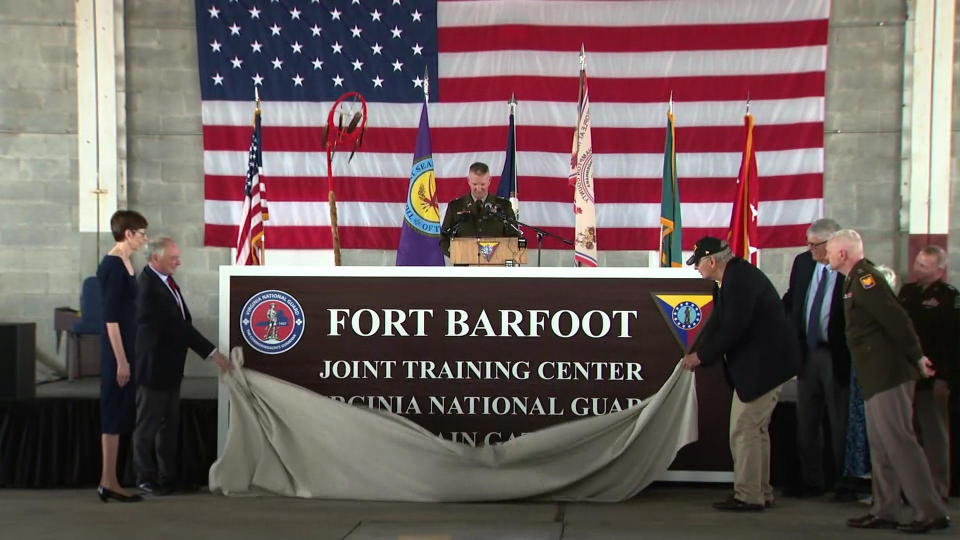 A March 2023 ceremony marking the renaming of Fort Pickett in Virginia as Fort Barfoot. / Credit: CBS News