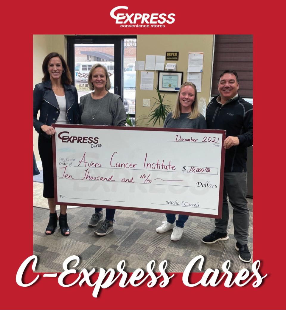 C-Express teamed up with the Avera Cancer Institute for a fundraiser during C-Express’s Breast Cancer Awareness Campaign. T-Shirt sales were donated to the Avera Cancer Institute. A check for $10,000 was presented to Regional Philanthropy Director for Avera Foundation Amy Blackstone by Laura Siefkes, Heather Bucy, and Michael Carrels of C-Express.