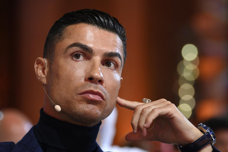 Cristiano Ronaldo attends the Globe Soccer Awards ceremony in Dubai, Friday, Jan. 19, 2024. (Fabio Ferrari/LaPresse via AP)