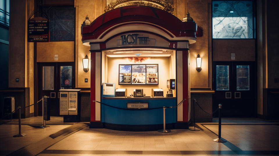 A ticket booth outside a theatre, directing customers to the films of the day.
