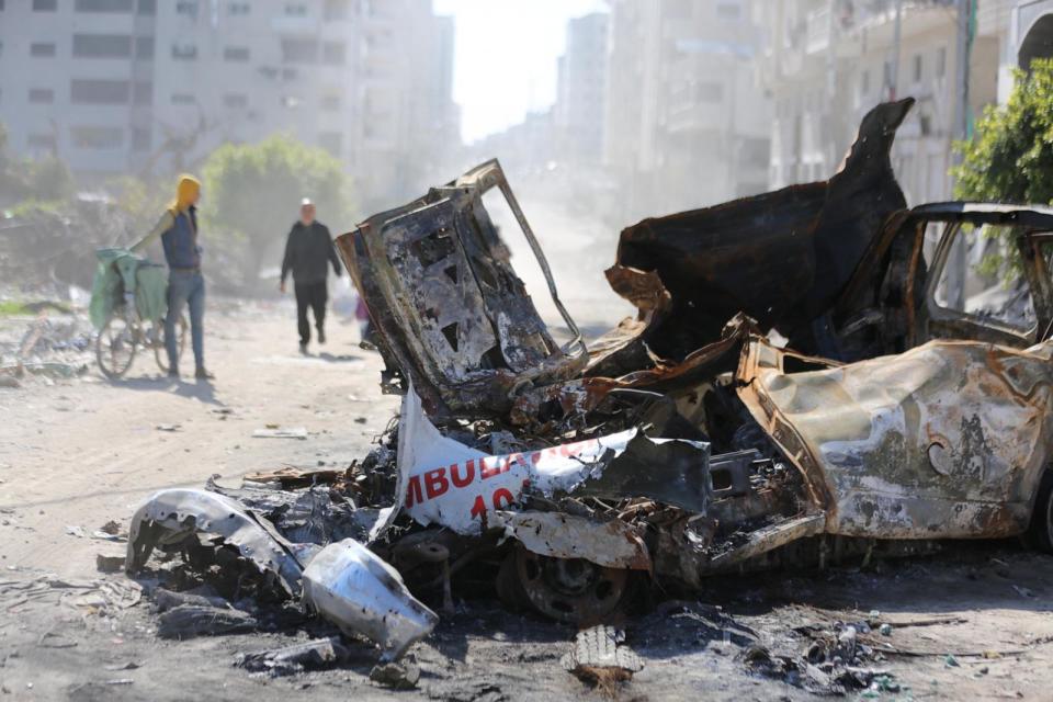 PHOTO: A view of the heavy damaged ambulance going to aid Rajab family, which was targeted by Israeli forces and became unusable, Tel al-Hawa neighborhood of Gaza City, Gaza, Feb. 10, 2024.  (Dawoud Abo Alkas/Anadolu via Getty Images)