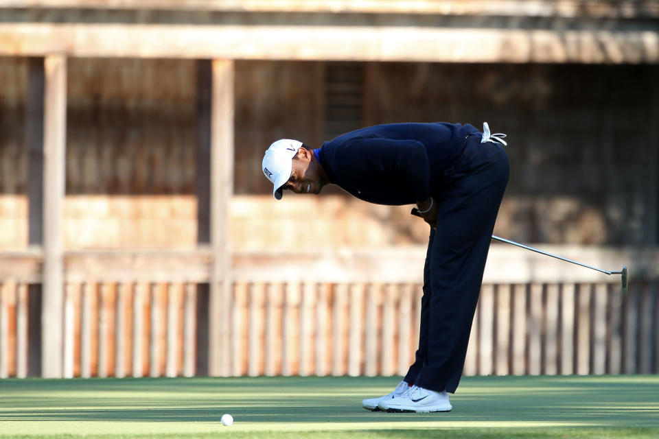 AUGUSTA, GA - APRIL 06: Tiger Woods of the United States reacts after a putt on the 11th green during the second round of the 2012 Masters Tournament at Augusta National Golf Club on April 6, 2012 in Augusta, Georgia. (Photo by Andrew Redington/Getty Images)