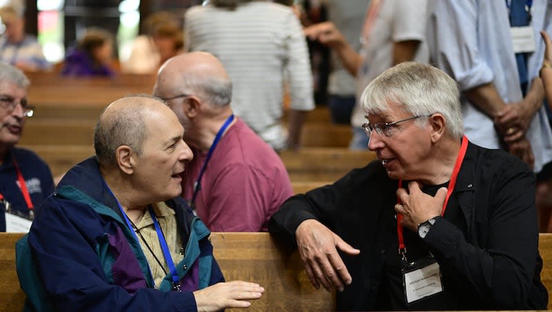 With blue and red lanyards that reveal their political leanings, participants practice civil political conversations at the Braver Angels 2024 conference in Kenosha, Wisconsin, on Friday, June 27, 2024.