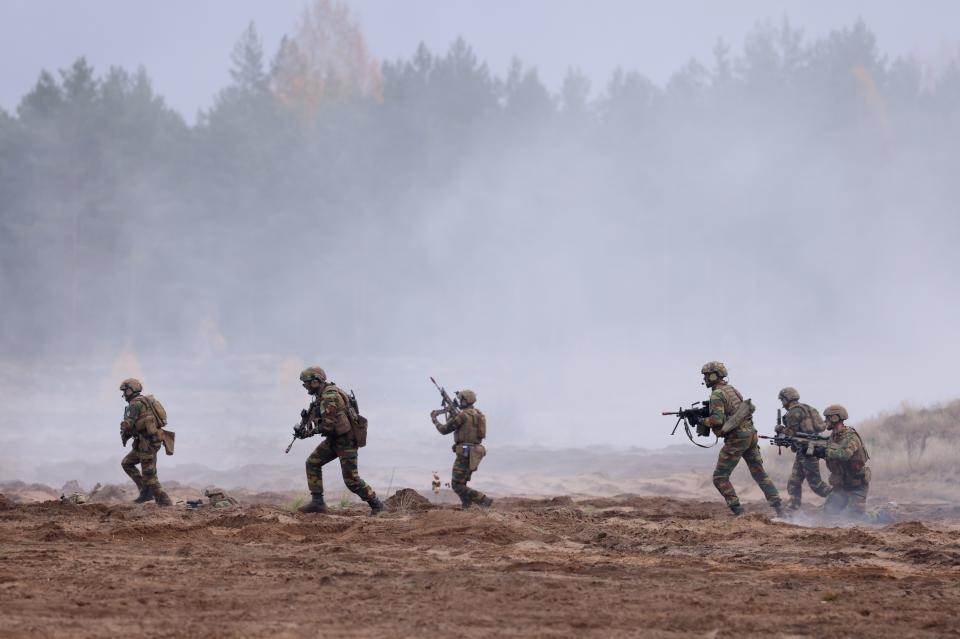 Belgian troops participate in the NATO Iron Wolf military exercises on October 26, 2022 in Pabrade, Lithuania.