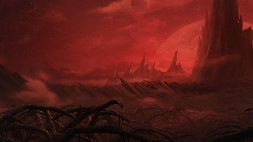 Dathomir from Star Wars, a strange planet of weird vegetation bathed in red light