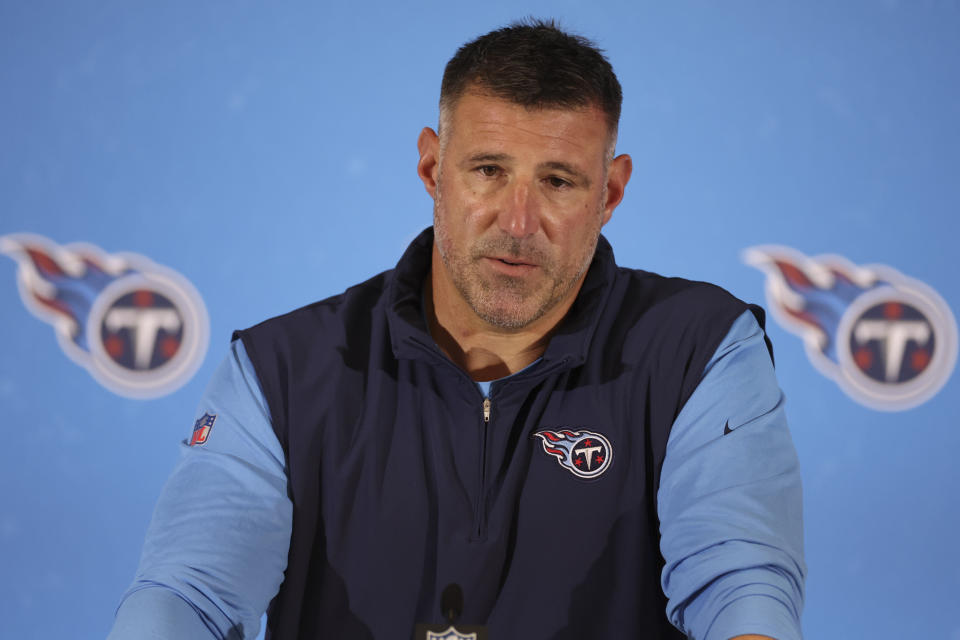 Tennessee Titans head coach Mike Vrabel responds to questions during a news conference after an NFL football game against the Baltimore Ravens, Sunday, Oct. 15, 2023, at the Tottenham Hotspur stadium in London. (AP Photo/Ian Walton)