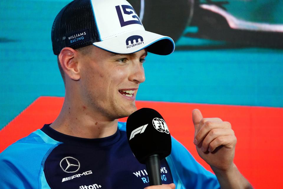 May 4, 2023; Miami Gardens, Florida, USA;  Williams driver Logan Sargeant (2) of the United States talks with the media about being the local driver during a media session at Miami International Autodrome. Mandatory Credit: John David Mercer-USA TODAY Sports