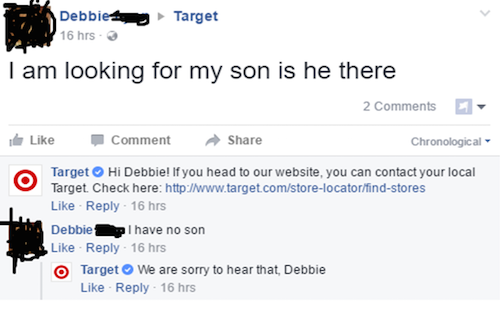 someone named debbie looking for their kid in target but it turns out they don't have a son