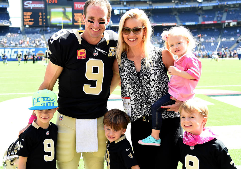 Drew Brees, pictured here with his family before a game in 2016.