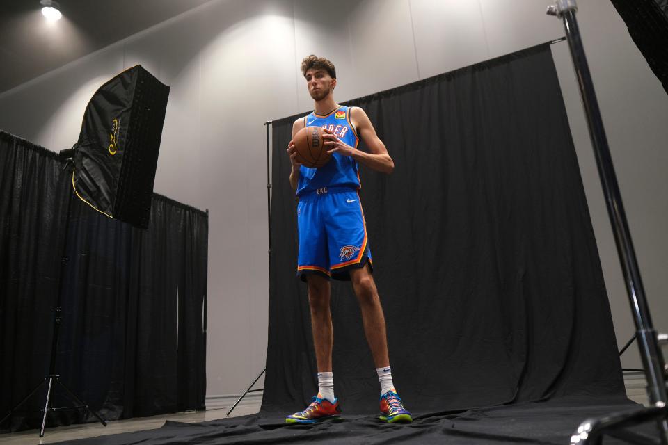 Chet Holmgren (7) poses for a photo at Thunder Media Day, held in the Oklahoma City Convention Center on Monday, Oct. 2, 2023.