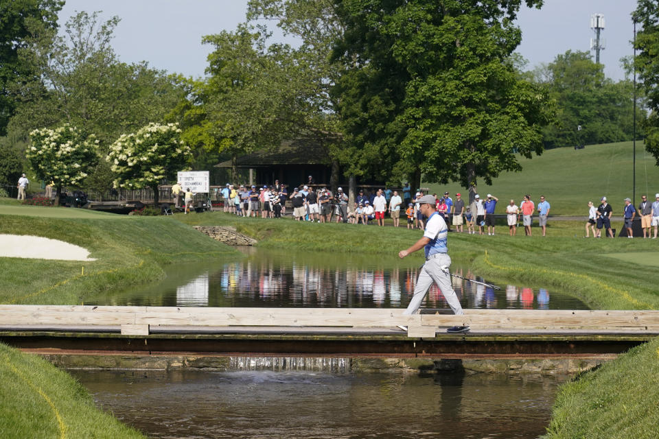 Bryson DeChambeau walks to the ninth green during the first round of the Memorial golf tournament, Friday, June 4, 2021, in Dublin, Ohio. (AP Photo/Darron Cummings)