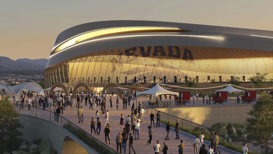 This rendering released by Grand Sierra Resort shows University of Nevada's future off-campus arena, set to be completed in 2026, in Reno, Nev. The nearly $1 billion private capital investment will be the biggest in the city's history, according to officials of the Grand Sierra Resort. (Grand Sierra Resort via AP)