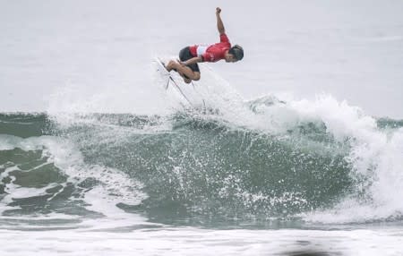 Shun Murakami of Japan competes during a Tokyo 2020 Olympics surfing test event at at Tsurigasaki-kaigan beach, also known as Shidashita beach Ichinomiya Town, Japan