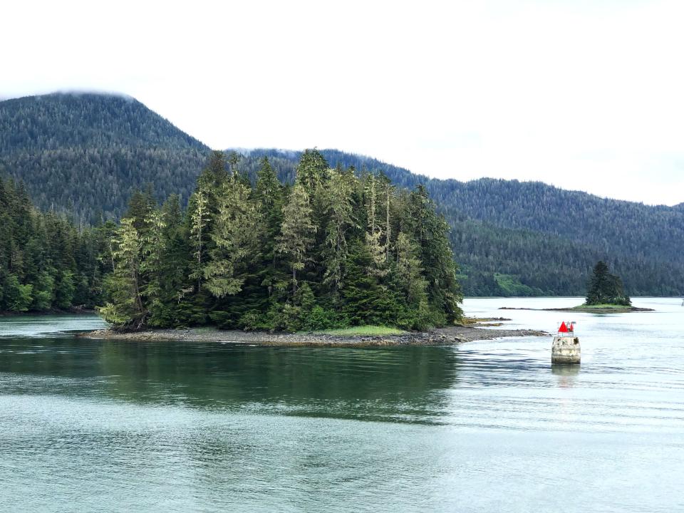 A small island with green trees in Wrangell Narrows of Inside Passage, Alaska.