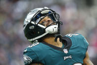 Philadelphia Eagles Avonte Maddox reacts after his interception was called back during the first half of an NFL football game against the New York Giants, Sunday, Nov. 28, 2021, in East Rutherford, N.J. (AP Photo/John Munson)