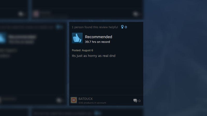 A positive review says: "Its just as horny as real dnd."