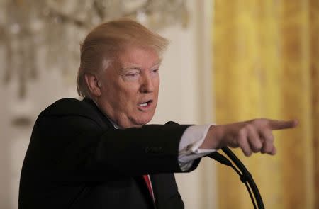 U.S. President Donald Trump takes questions during a news conference at the White House in Washington, U.S., February 16, 2017. REUTERS/Carlos Barria