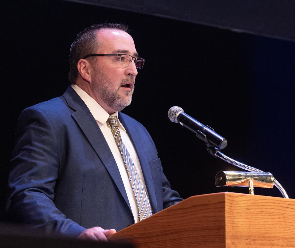 Democratic candidate for Canton Mayor William V. Sherer II answers a question Tuesday at The Future of Canton 2023 Mayoral Debate held at the Canton Cultural Center Theater.