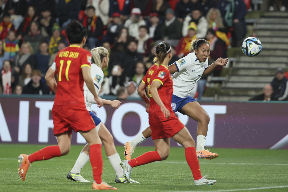 England's Lauren James, right, heads the ball during the Women's World Cup Group D soccer match between China and England in Adelaide, Australia, Tuesday, Aug. 1, 2023. (AP Photo/James Elsby)