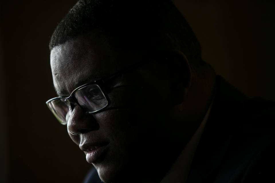 Lawyer Luciano Regis, 35, during an interview in Sao Pedro da Aldeia, Brazil, Wednesday, Dec. 15, 2021. Regis, a lawyer representing victims of G.A.S Consulting & Technology, a cryptocurrency investment firm founded by a former waiter-turned-multimillionaire who has become the central figure in what is alleged to be one of Brazil’s biggest-ever pyramid schemes. (AP Photo/Bruna Prado)