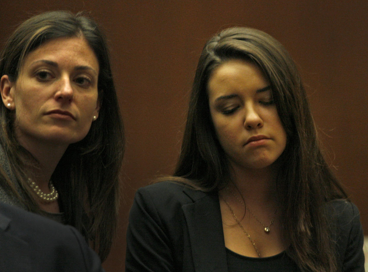 Alexis Christine Neiers(right) flank by her attorney Susan Morris Haber(left) during the sentencing hearing. Neiers, who is charged in a burglary at actor Orlando Blooms house, pleaded guilty Monday in Superior Court in Los Angeles on May 10, 2010.  (Photo by Lawrence K. Ho/Los Angeles Times via Getty Images)