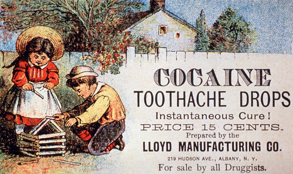 An ad with illustrations of two children playing that says, "Cocaine toothache drops / Instantaneous Cure! / Price 15 cents / Prepared by the Lloyd Manufacturing Co 219 Hudson Ave, Albany NY / For sale by all Druggists"