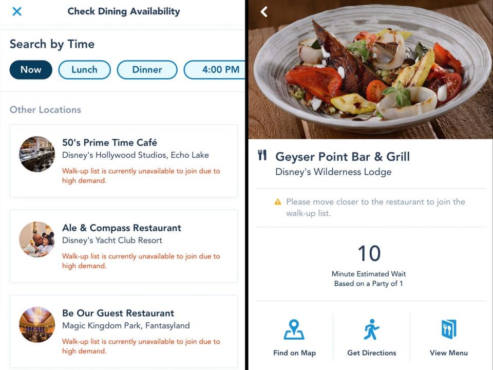 screen shots of the my disney experience app showing restaurant waitlist availability