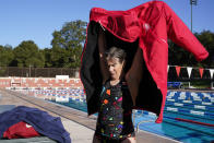 Stanford women's basketball head coach Tara VanDerveer gets ready to return to the gym for practice after a swim in the school's Olympic-size pool in Stanford, Calif., Wednesday, Nov. 16, 2022. (AP Photo/Godofredo A. Vásquez)