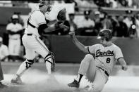 September 30, 1989: Cal Ripken scores Baltimore's second run in the top of the third inning at SkyDome after Randy Milligan singled to left field. (Photo by Colin McConnell/Toronto Star via Getty Images)