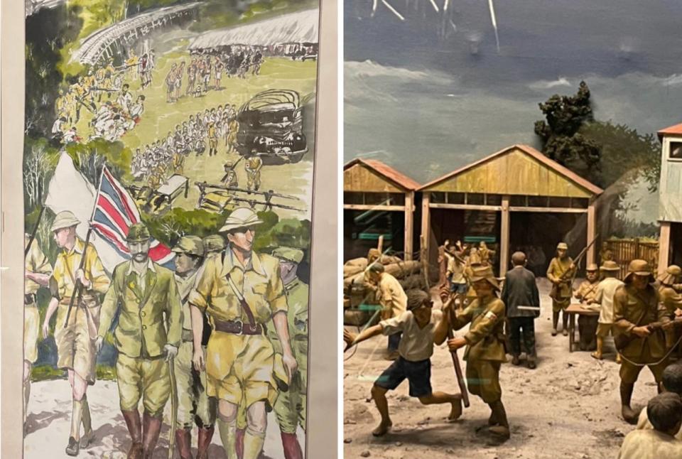 The Grievous Fall of Singapore and Malaya (left), a scroll painting by former resistance fighter Tan Chong tee, and a 1983 diorama depicting the registration of men during the Sook Ching massacre. These are two of the exhibits at 