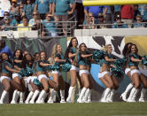 <p>Jacksonville Jaguars cheerleaders perform during the first half of an NFL football game against the Cincinnati Bengals, Sunday, Nov. 5, 2017, in Jacksonville, Fla. (AP Photo/Phelan M. Ebenhack) </p>