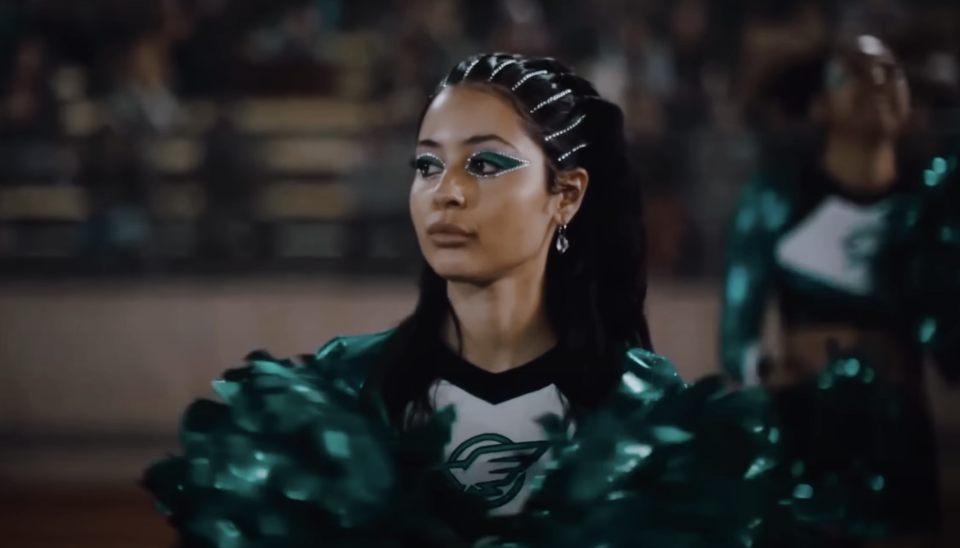 closeup of Alexa in a cheer uniform for Euphoria