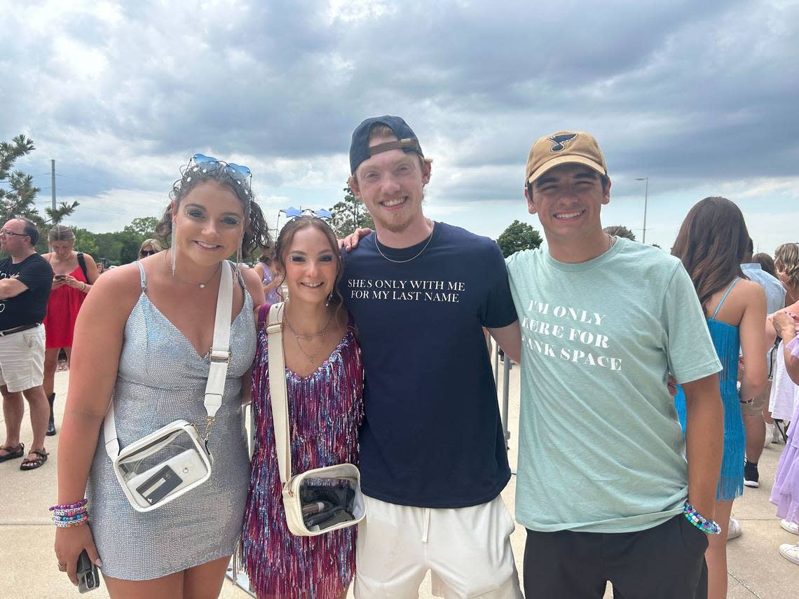 Maggie Mappiel, Anna Kuhnerg, Phillip Swift and Spencer Kempf before Taylor Swift’s Kansas City Eras Tour concert at Arrowhead Stadium.