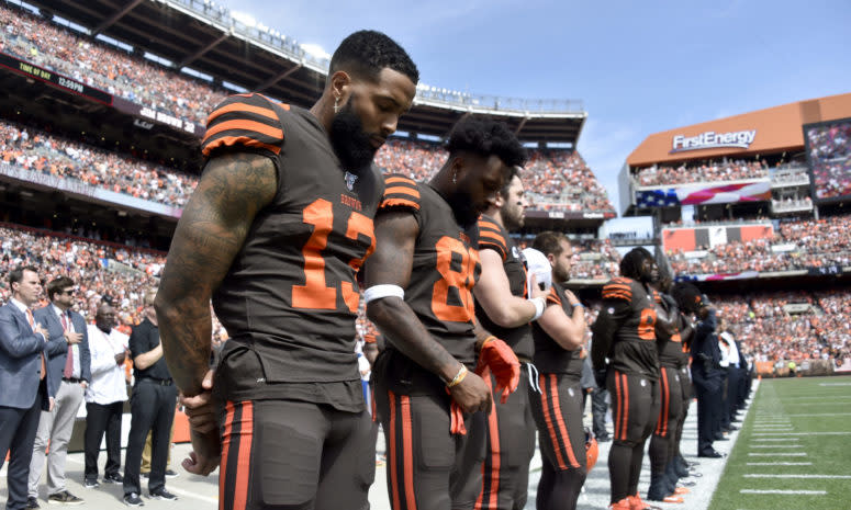 Odell Beckham stands during national anthem before first Browns game.