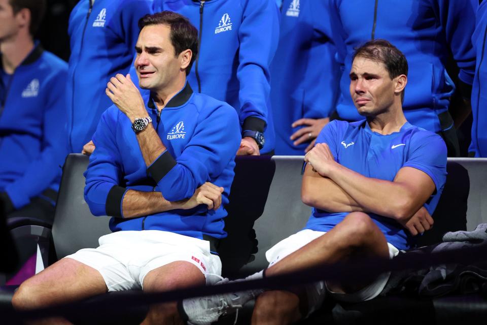 Roger Federer of Team Europe shows emotion alongside Rafael Nadal following their final match during Day One of the Laver Cup at The O2 Arena.