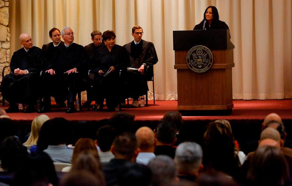 Benton Franklin Superior Court Judge Norma Rodriguez speaks during the investiture ceremony Judge Sal Mendoza to the United States Court of Appeals for the Ninth Circuit held at the Federal Building in Richland.