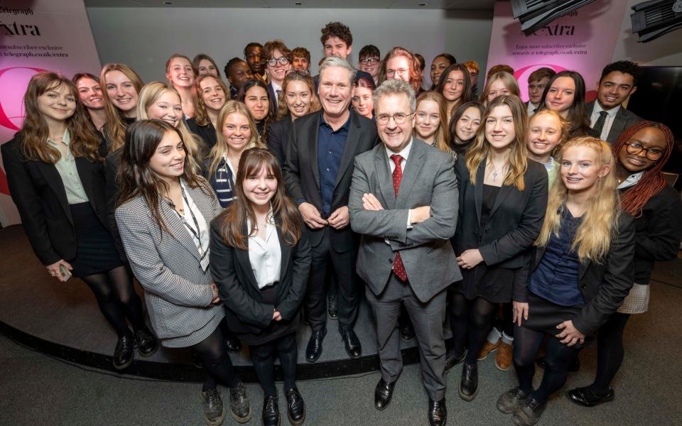 Sir Keir Starmer with The Telegraph's Christopher Hope and students from St George's School for a special recording of Chopper's Politics - Paul Grover for The Telegraph