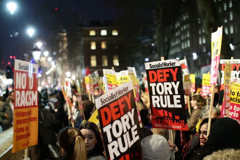 Protesters demonstrate at Downing Street following the result of the general election in London