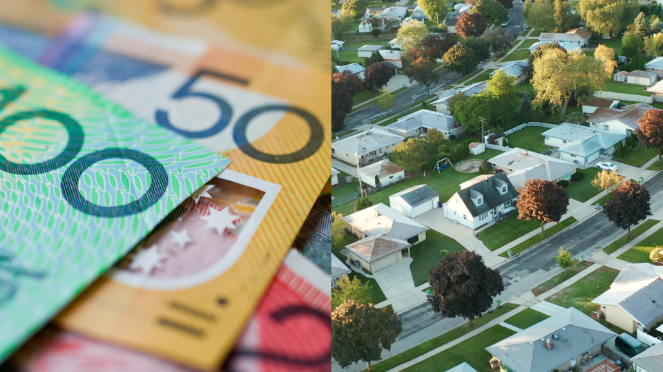 Compilation image of Australian dollars and row of houses