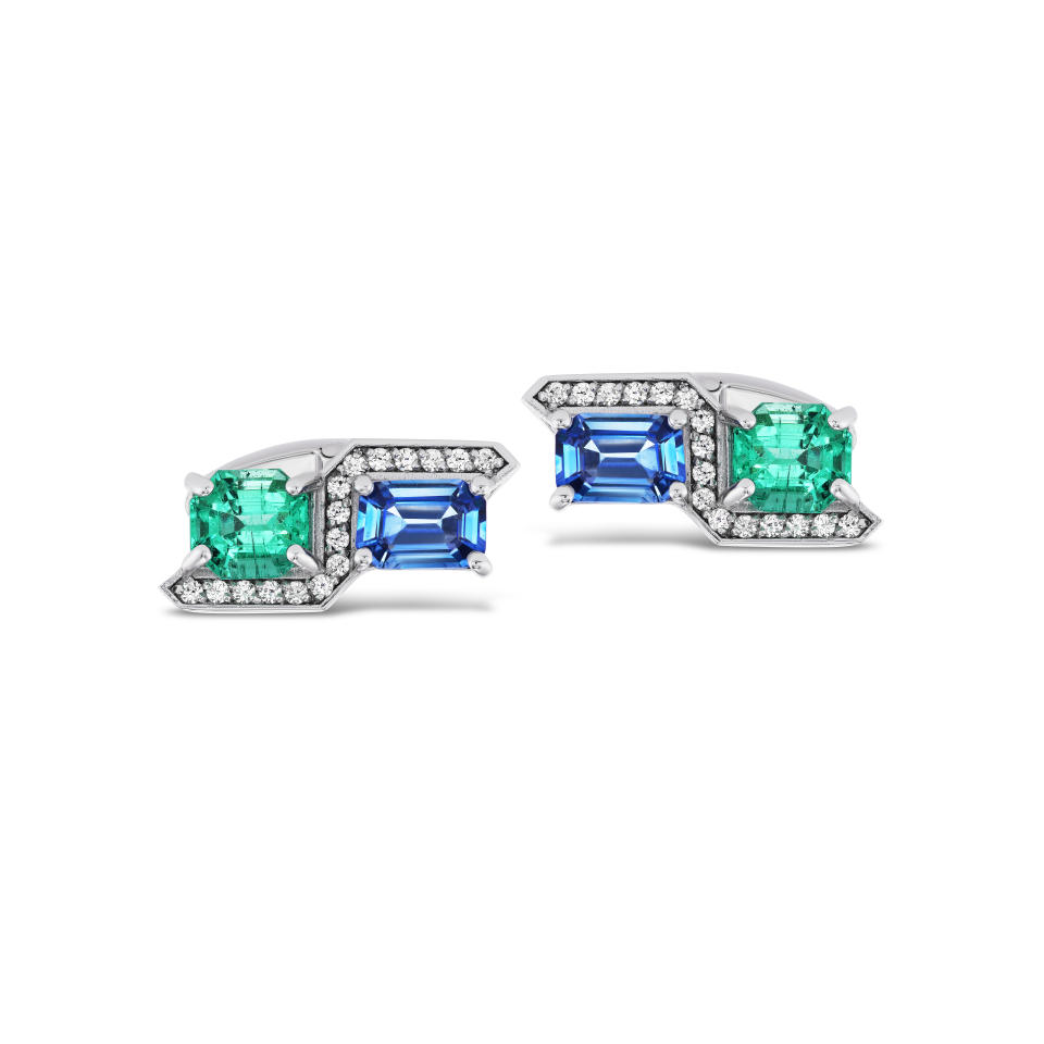 Sheryl Jones’ Deco Duo cufflinks, made from emerald-cut sapphires, Colombian emeralds and white round brilliant diamonds.