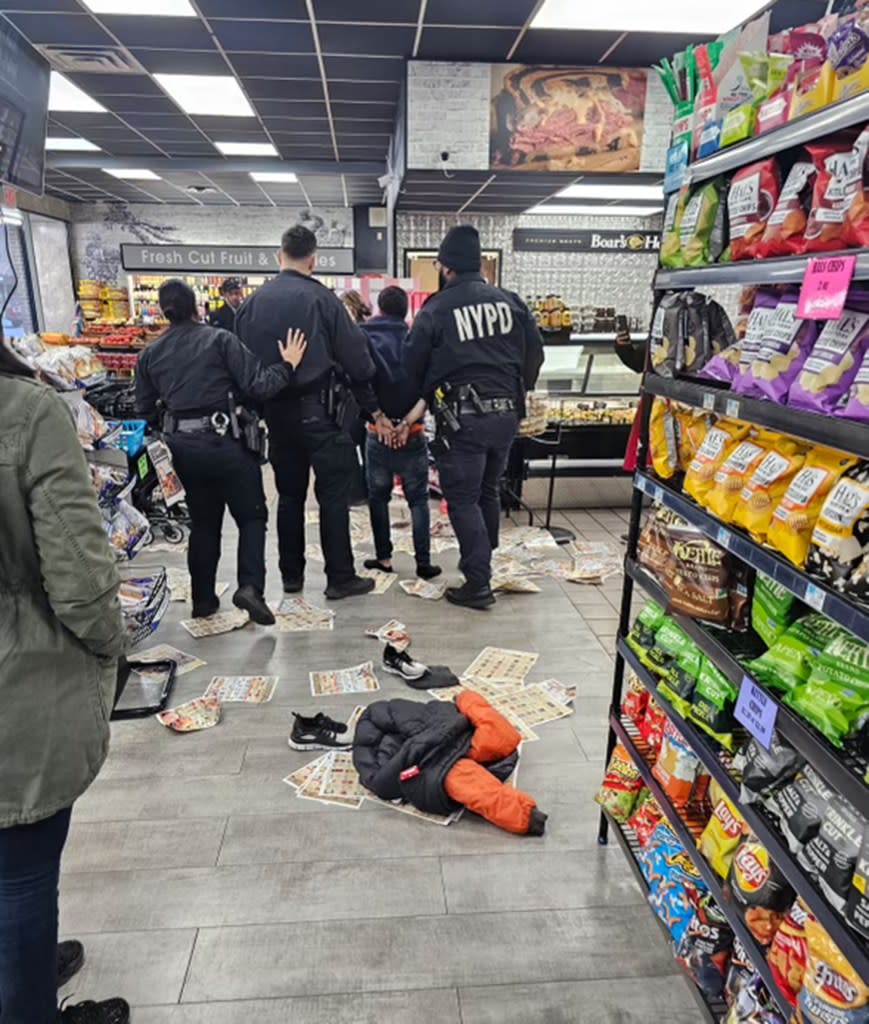 The aftermath of a shoplifter caught and held for the NYPD at one of John Catsimatidis’ supermarkets. Obtained by NY Post