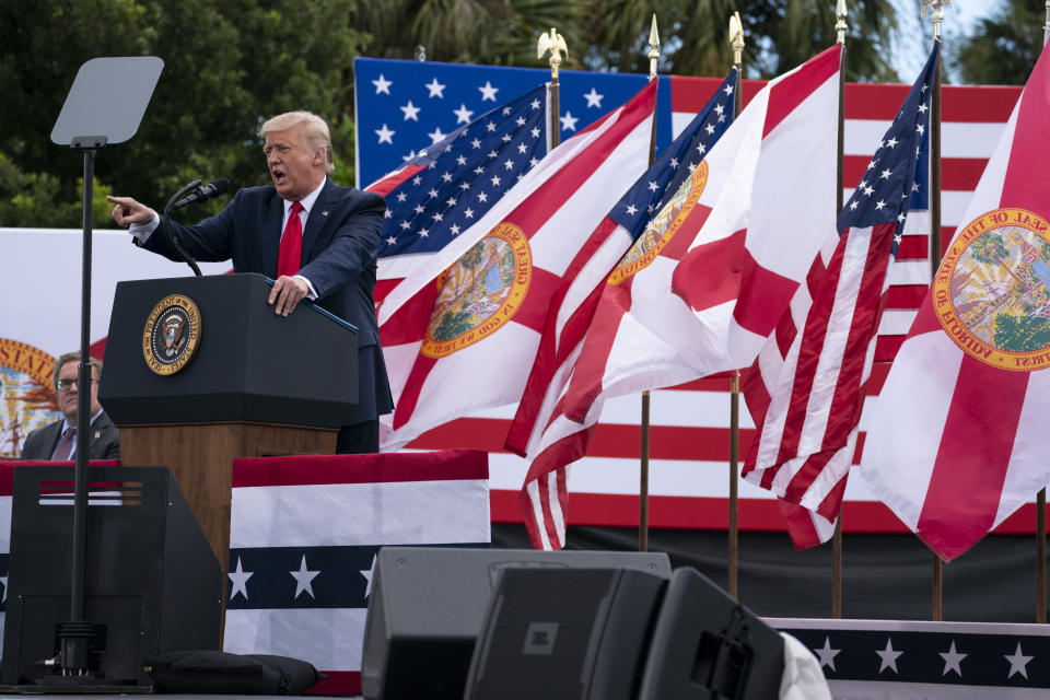 President Donald Trump delivers remarks on the environment at Jupiter Inlet Lighthouse and Museum, Tuesday, Sept. 8, 2020, in Jupiter, Fla. (AP Photo/Evan Vucci)