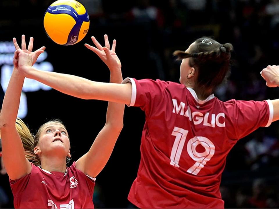 Canada's Emily Maglio spikes the ball during Wednesday's straight-sets loss to Turkey in Phase 2 play at the women's volleyball world championship in Łódź, Poland. Canada occupies the fourth and final spot in its pool for a quarter-final berth with matches remaining against Poland and Dominican Republic. (Courtesy Volleyball World - image credit)
