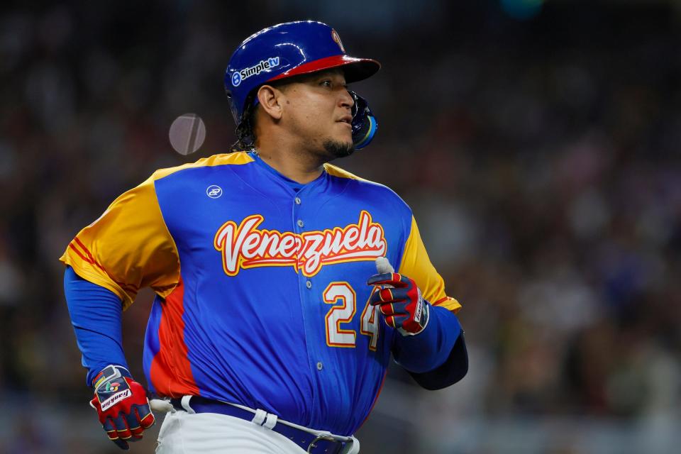 Venezuela designated hitter Miguel Cabrera looks on after his at bat during the second inning against Nicaragua at LoanDepot Park, March 14, 2023 in Miami.