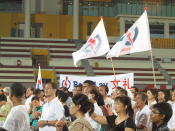 PAP supporters wave their flags at the rally in Jurong West Stadium. (Yahoo! photo/ Ewen Boey)