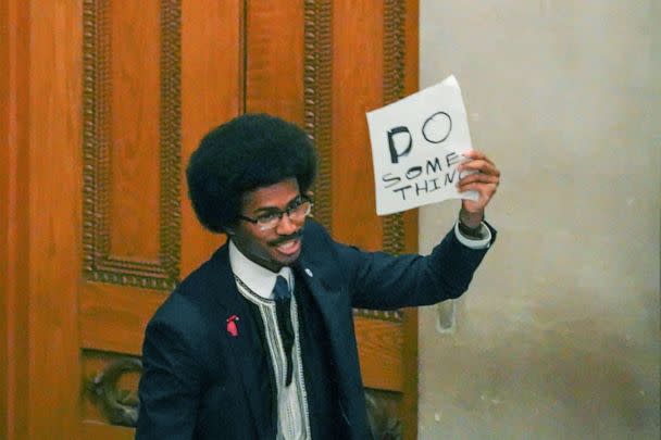 PHOTO: Rep. Justin Pearson holds a piece of paper at the statehouse, as Republicans who control the Tennessee House of Representatives prepare to vote on whether to expel three Democratic members, in Nashville, Tenn., April 6, 2023. (Cheney Orr/Reuters)