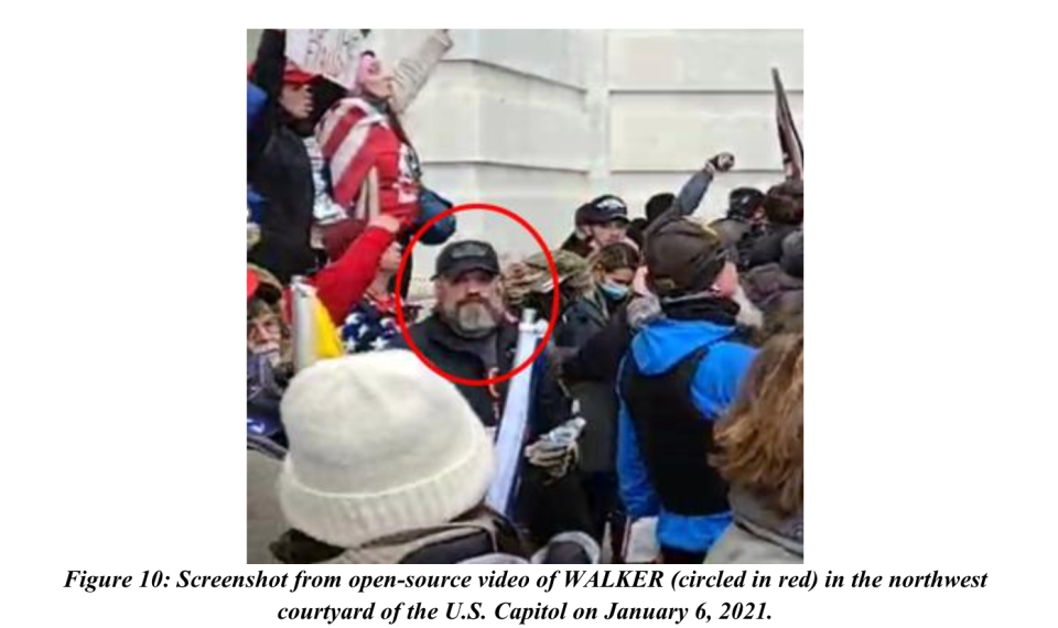 A photo in a FBI statement shows a man believed to be 48-year-old Donald Walker of Kosciusko, Miss., during the insurrection at the U.S. Capitol in Washington, D.C., on Jan. 6, 2021.