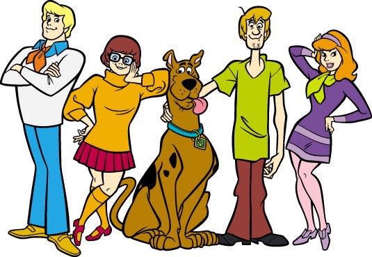(From right to left) Fred, Velma, Scooby, Shaggy and Daphne the cartoon cast members from the 1970's television program "Scooby Doo."