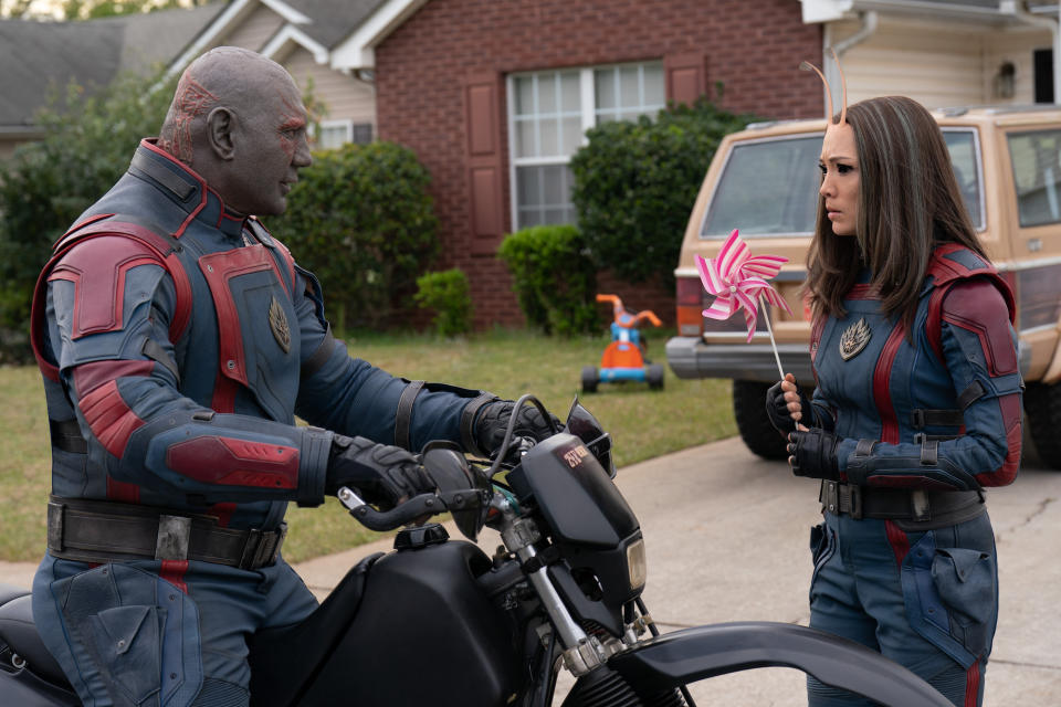 Dave Bautista as Drax and Pom Klementieff as Mantis in Guardians of the Galaxy Vol. 3. (Still: Marvel Studios)